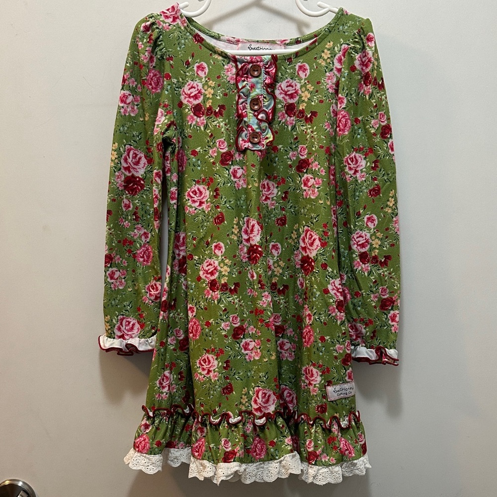 Sweet Honey Green & Pink Long Sleeve Dress with Lace Trim & Matching Bloomers